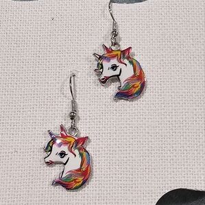 Unicorn Earrings Enamel Silver Metal NIP Rainbow